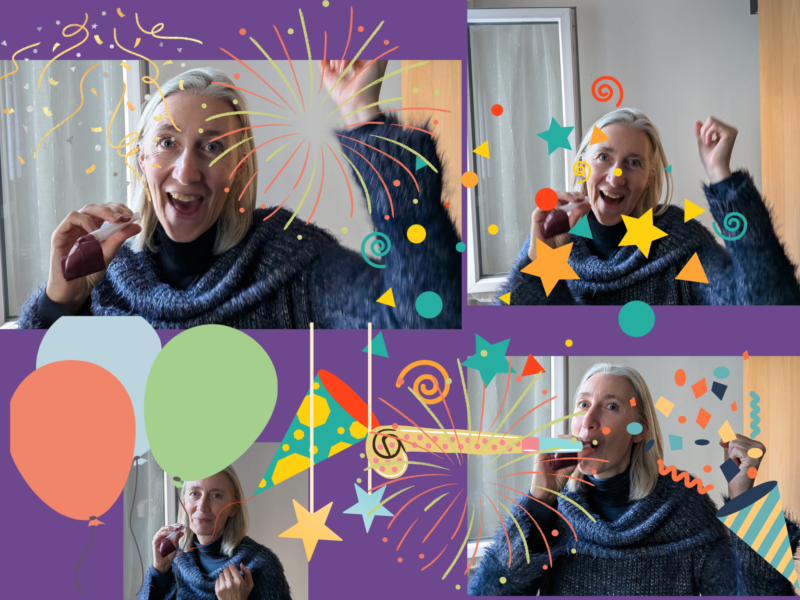 Sophie Ame célébrant avec joie et cotillons - Expression des émotions positives en développement personnel