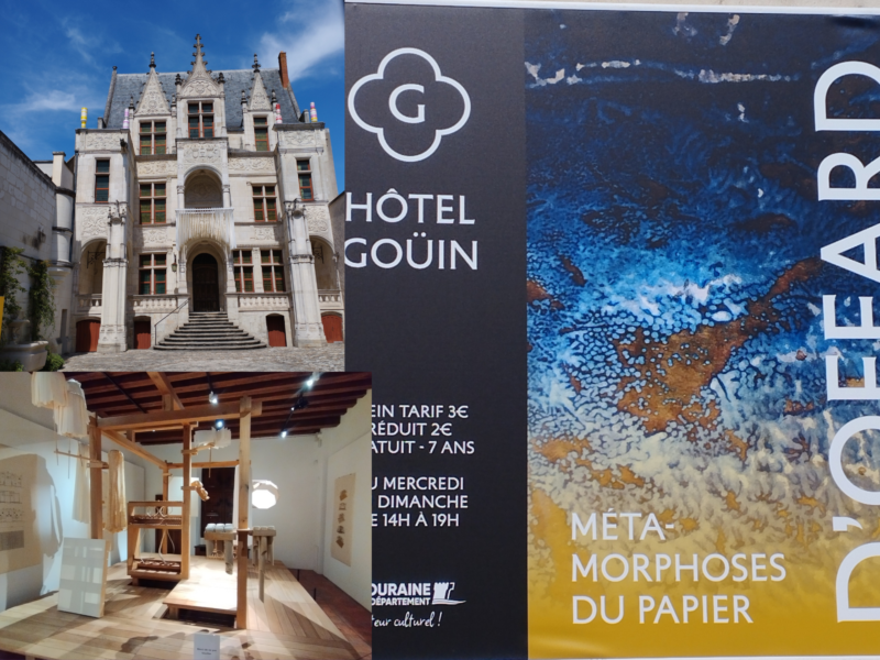 Montage photo de l'exposition Les Métamorphoses du Papier à l'Hôtel Goüin à Tours, avec vue de la façade et œuvres exposées