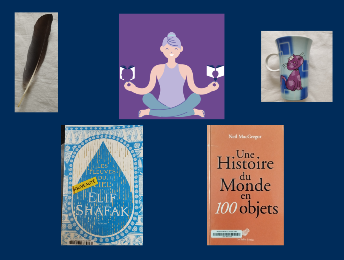 Composition avec les livres de Neil MacGregor et d'Elif Shafak avec mon mug préféré et une plume pour illustrer le concept d'objets ressourçant et de bibliothérapie