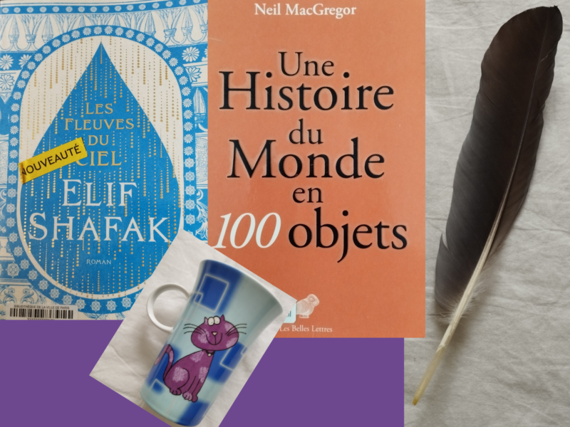 Composition avec les livres de Neil MacGregor et d'Elif Shafak avec mon mug préféré et une plume pour illustrer le concept d'objets ressourçant et de bibliothérapie